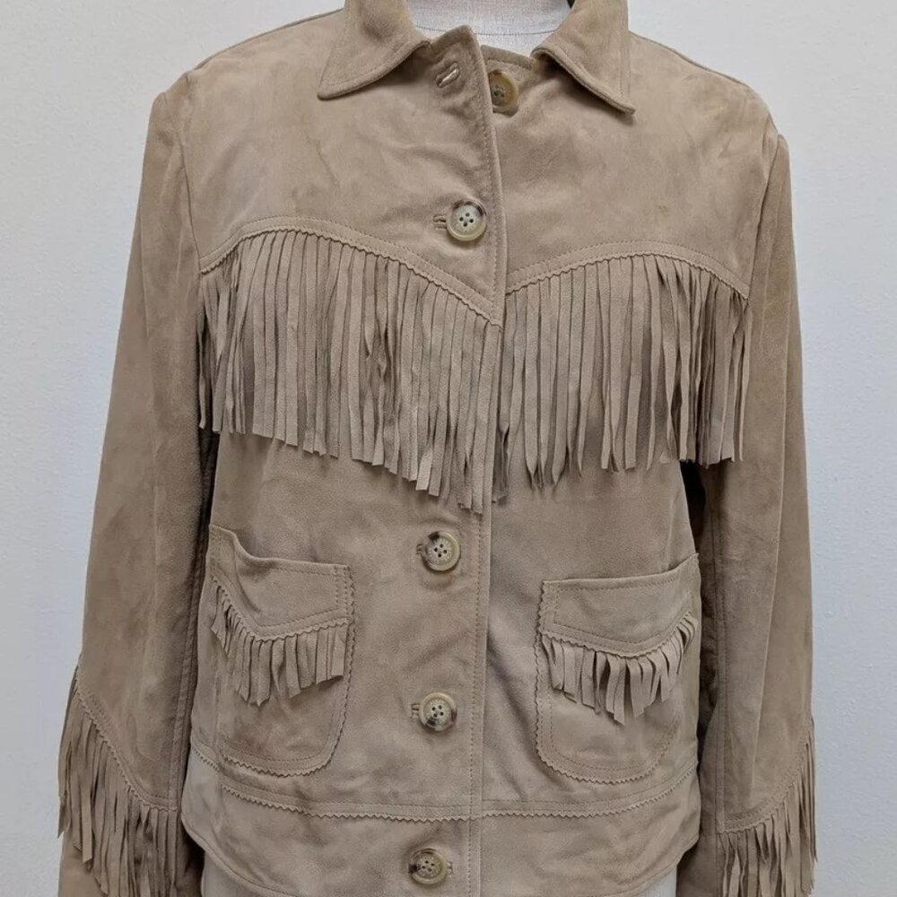 Lauren Ralph Lauren Women’s Fringe Trim Goat Suede Jacket Sz 18 Western Beige